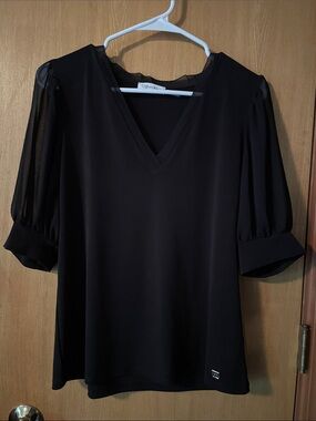 Calvin Klein Black V-Neck Sheer Puff Sleeve Blouse